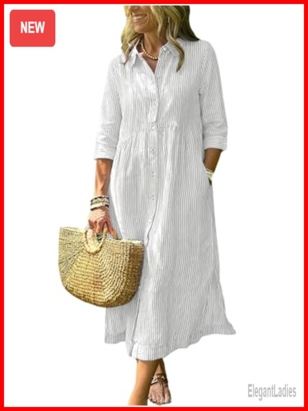 Boho Striped Shirt Dress Button Up 3/4 Sleeve Side Slit Midi Cotton with Pockets